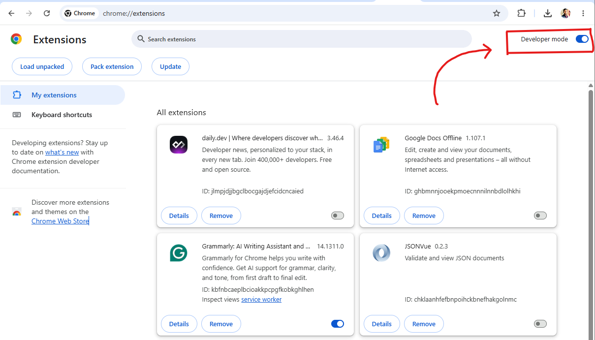 Chrome extensions page with Developer mode enabled