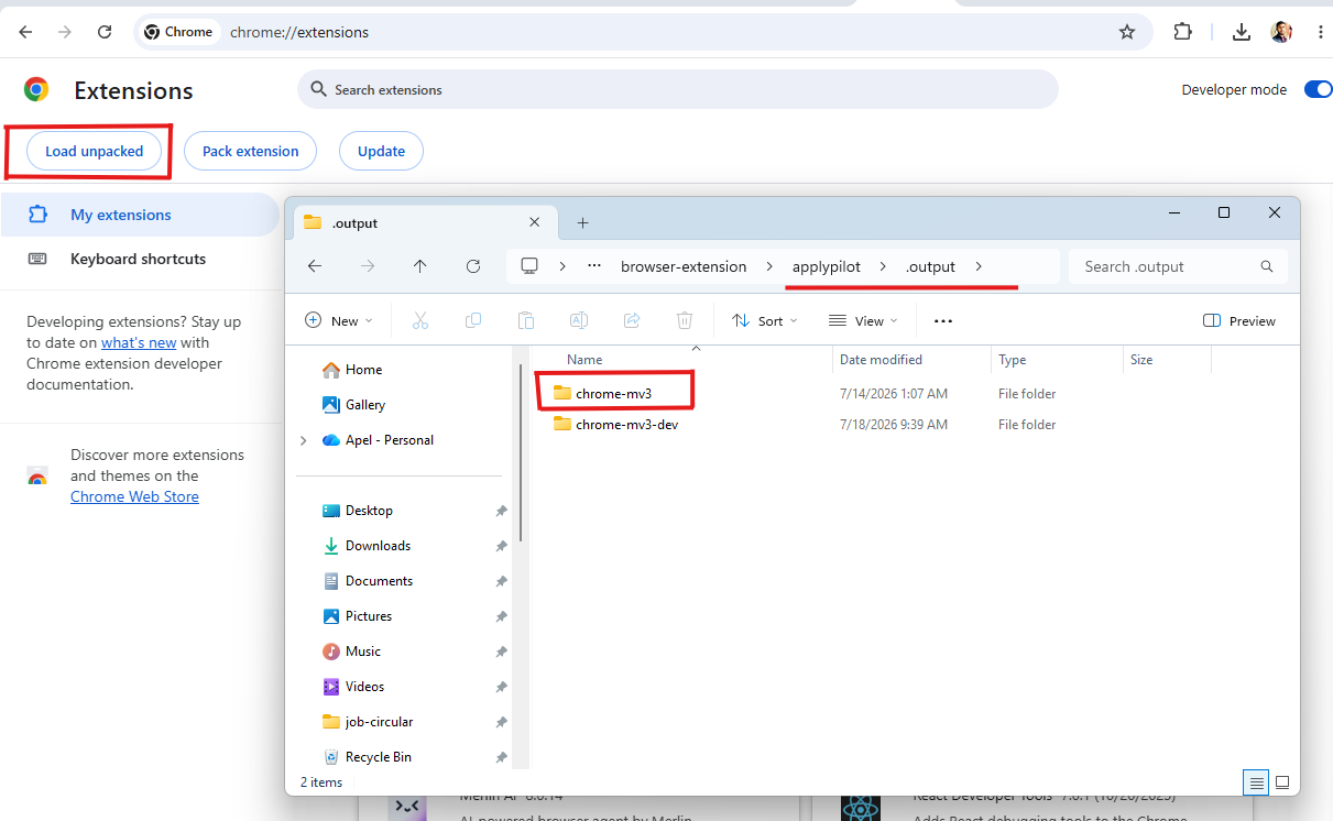 Applypilot loaded and pinned in the Chrome toolbar